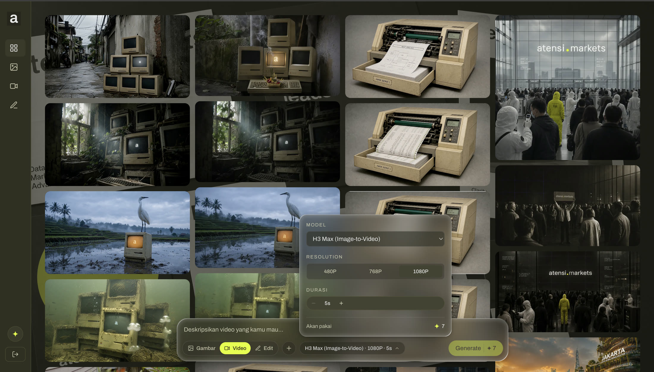 Aplikasi atensi generate: galeri gambar hasil generate dengan kotak prompt